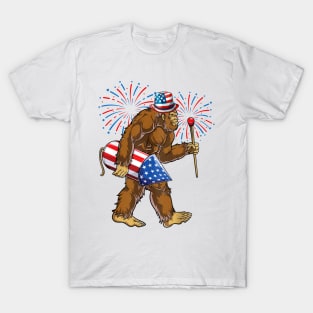 Funny Bigfoot Fireworks 4th Of July Funny Boys Men Sasquatch Lover T-Shirt